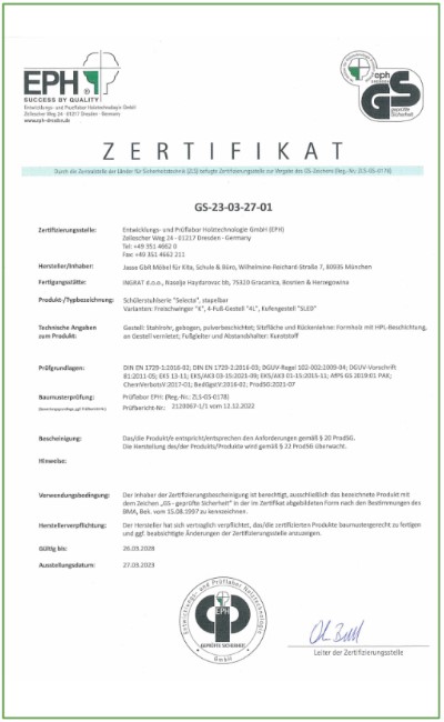 GS-Zertifikat Schulstuhlserie SELECTA